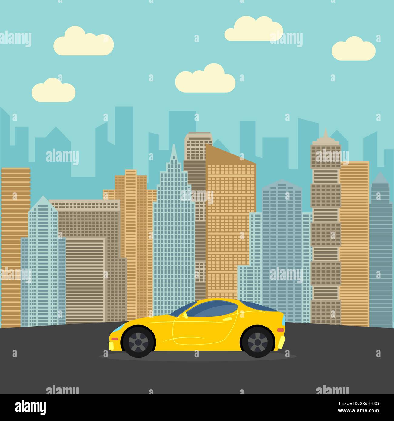 Voiture de sport jaune dans la ville. Automobile sur un fond de gratte-ciel par une journée ensoleillée. Illustration vectorielle. Illustration de Vecteur