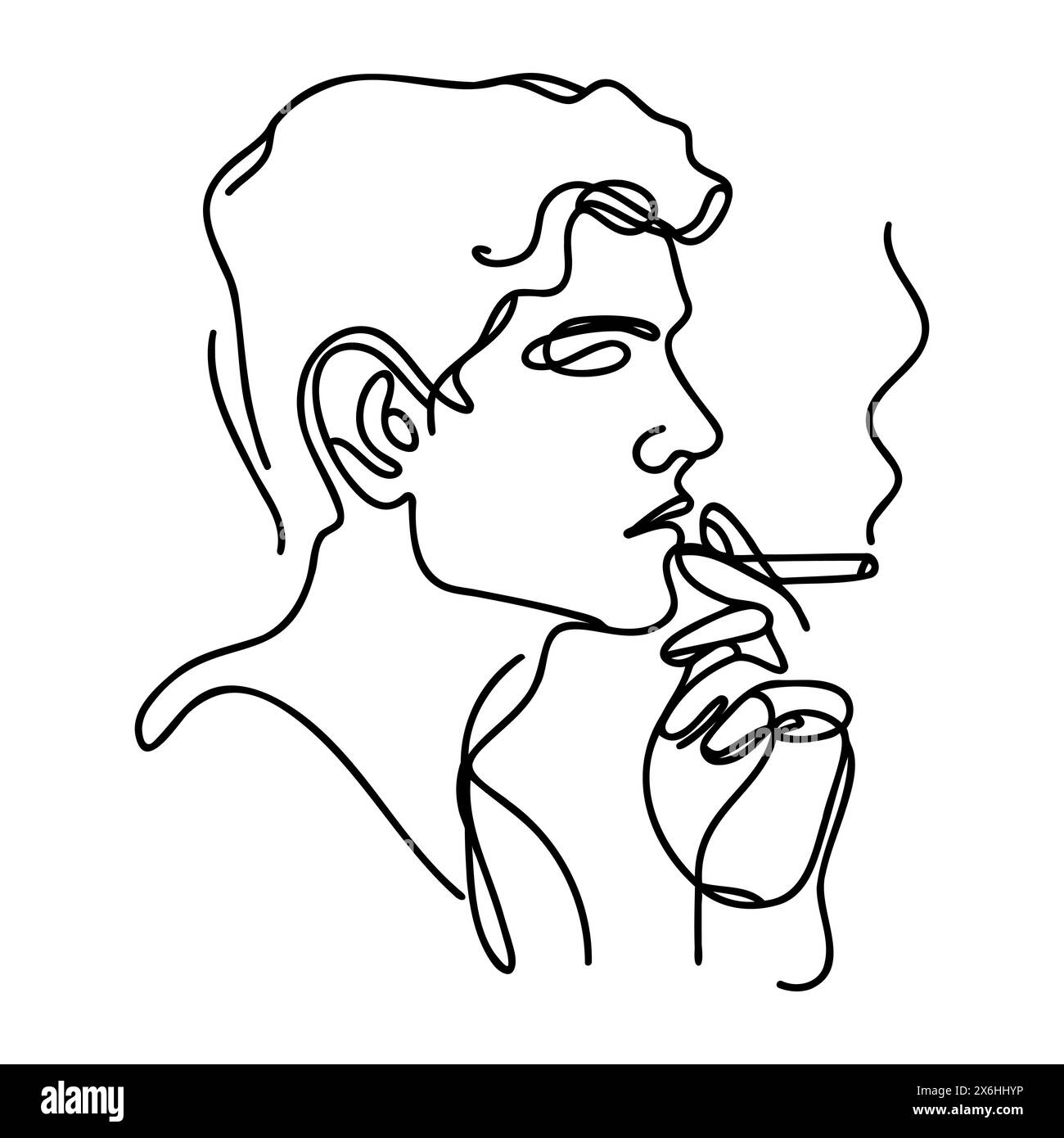 Une ligne continue dessine un homme fumant une cigarette. Illustration plate de contour dessinée à la main isolée sur fond blanc. Illustration de Vecteur