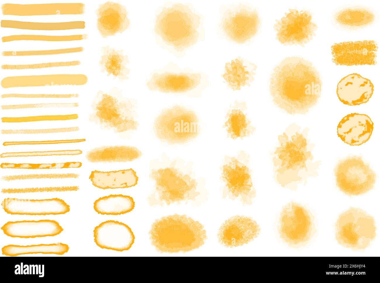 Jeu d'aquarelles. Coups de pinceau, éclaboussures, texture de la tache, horizontal. Illustration vectorielle. Jaune, orange, doré Illustration de Vecteur