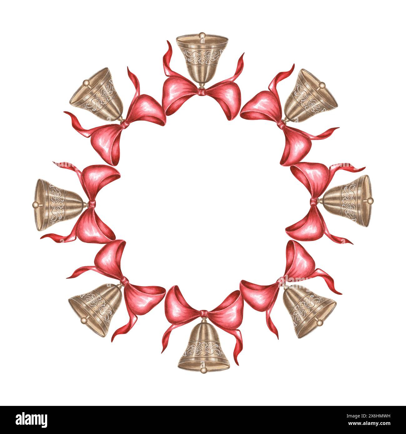 Cloches avec des arcs rouges. Cadre rond, couronne vintage. Décoration de vacances d'illustration d'aquarelle dessinée à la main. Modèle isolé pour invitation, accueil CA Banque D'Images