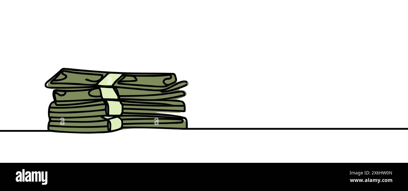 une pile de papier-monnaie, d'argent, de billets de banque, de dollars, sur une seule ligne. Dessin au trait continu de dollars. Illustration de Vecteur