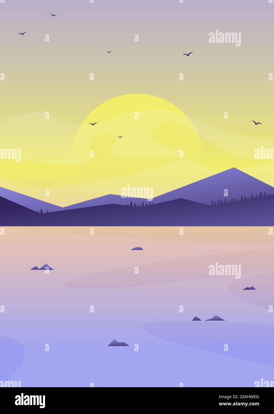 Paysage du matin avec illustration vectorielle de la mer de printemps. Rochers massifs Alaska bord de mer. Nature scandinave, fjord dans un style plat. Mini moderne du milieu du siècle Illustration de Vecteur