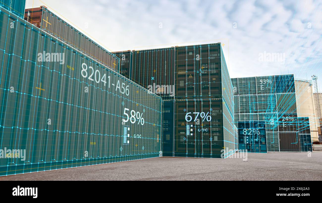 Concept VFX : visualisation 3D en réalité augmentée sur des conteneurs dans le terminal. L'animation futuriste montre la connectivité en ligne de chaque unité au centre logistique et le niveau de charge qu'ils retiennent. Banque D'Images