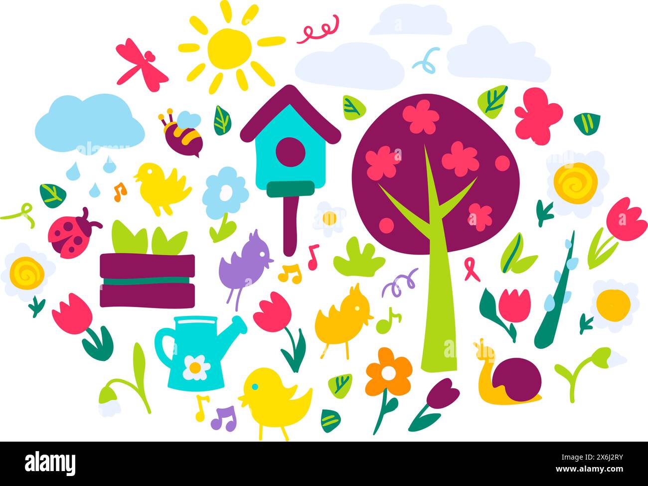 Grand kit de plantes printanières, fleurs et oiseaux. Collection de tulipes en fleurs, insectes rampants volants, appelant les oiseaux aux couleurs vives de l'été. Jeu de m Illustration de Vecteur