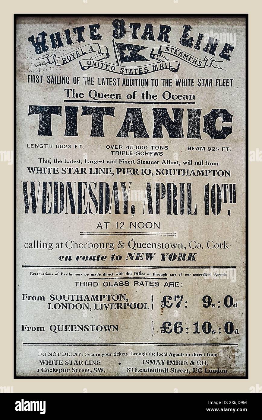 RMS TITANIC première affiche de voile mercredi 10 avril 1912 à 12h. Embarcadère 10 Southampton-Cherbourg-Queenstown en route pour New York. Tarifs de troisième classe. Banque D'Images