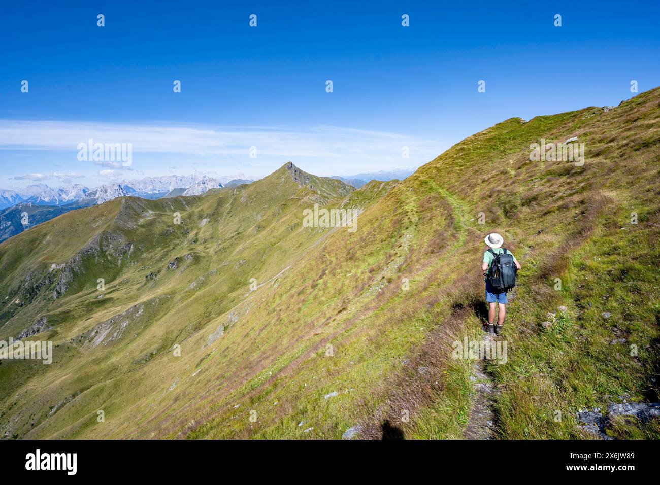 Alpinistes sur une crête herbeuse, paysage de montagne idyllique avec des prairies verdoyantes, Carnic High Trail, Carnic main Ridge, Carnic Alps, Carinthie Banque D'Images