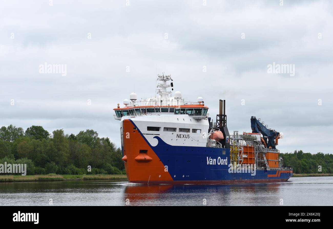 Transporteur de câble, navire spécial, navire Nexus dans le canal de Kiel, canal de Kiel, Schleswig-Holstein, Allemagne Banque D'Images