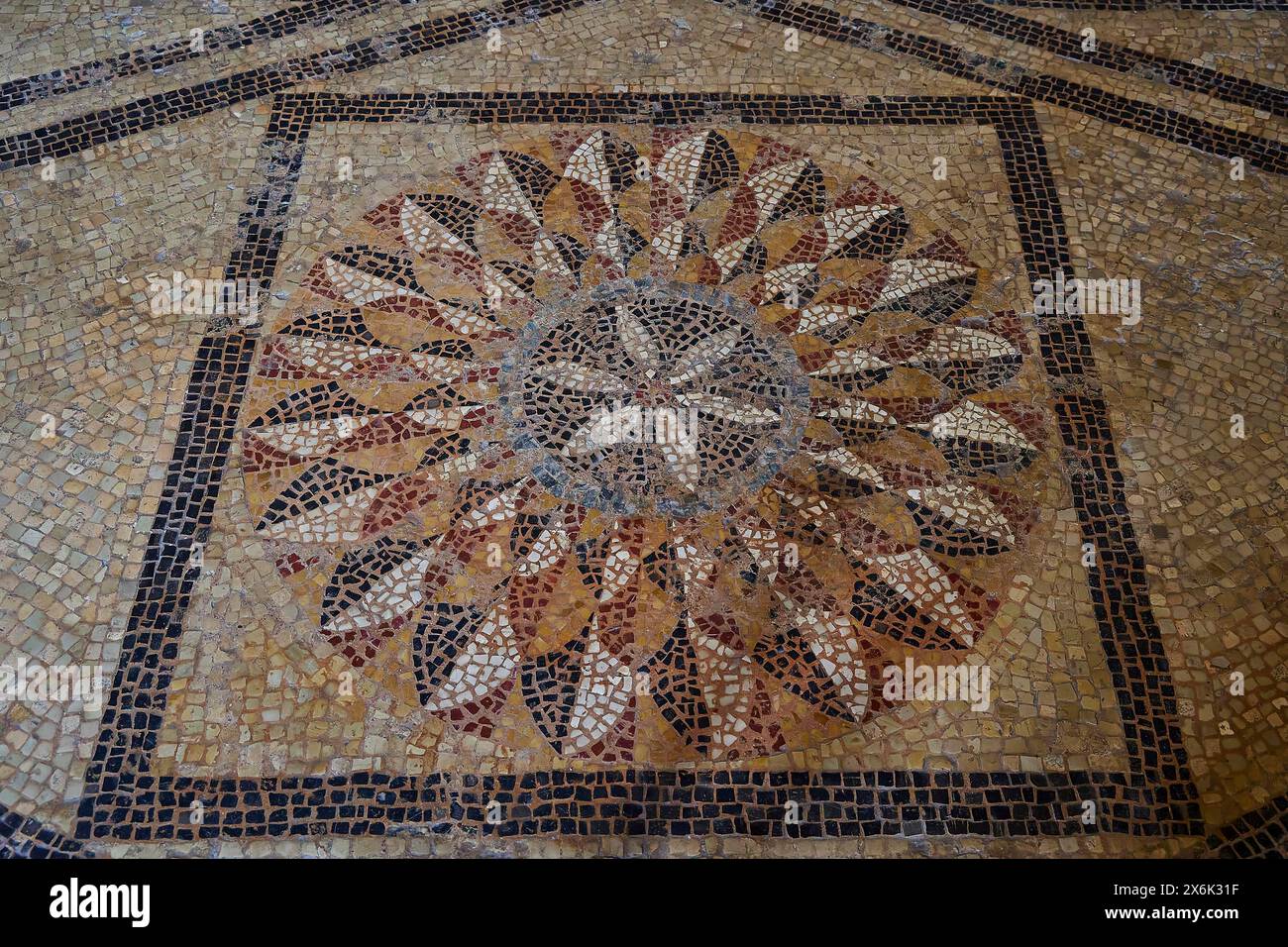 Mosaïque géométrique au sol dans les tons bruns et beiges avec un design symétrique, intérieur, Palais du Grand Maître, ville des Chevaliers, ville de Rhodes, Rhodes Banque D'Images