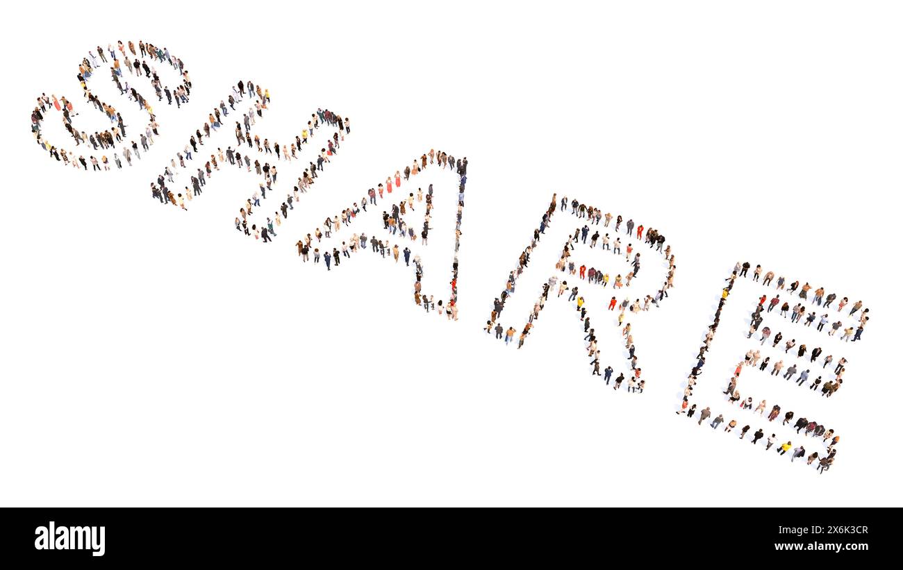 Concept conceptuel vaste communauté de personnes formant le mot PARTAGE. 3d métaphore d'illustration pour en ligne, réseau, médias sociaux, communication Banque D'Images