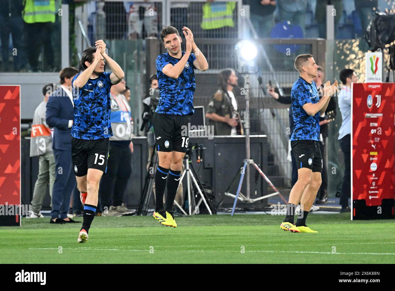 Roma, Italie. 15 mai 2024. Les joueurs d'Atalanta lors de l'échauffement lors du match de finale de Coupe d'Italie entre Atalanta et la Juventus au stade olympique de Rome, en Italie, mercredi 15 mai 2024. (Tano Pecoraro/LaPresse) crédit : LaPresse/Alamy Live News Banque D'Images