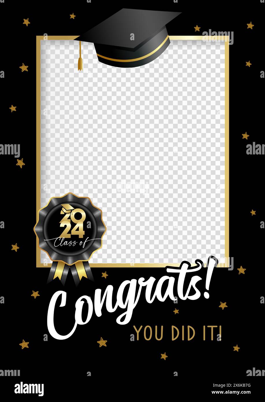 Classe de 2024 Félicitations, cabine photo de soirée de remise des diplômes. Cadre photo A4 pour graduation avec capuchon et étoiles dorées. Félicitations aux diplômés, carte vectorielle Illustration de Vecteur