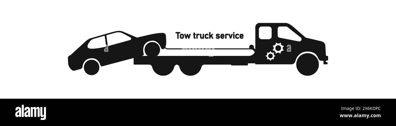 Logo vectoriel de dépanneuse. Icône de voiture cassée. Vecteur d'arrestation de voiture. Vecteur noir de voiture et de camion. Illustration de Vecteur