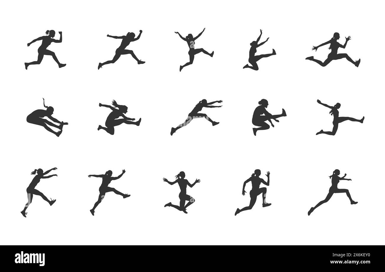 Silhouette de saut en longueur féminin, silhouette de saut en longueur, vecteur de saut en longueur, saut en longueur féminin, femme silhouette de saut long Illustration de Vecteur