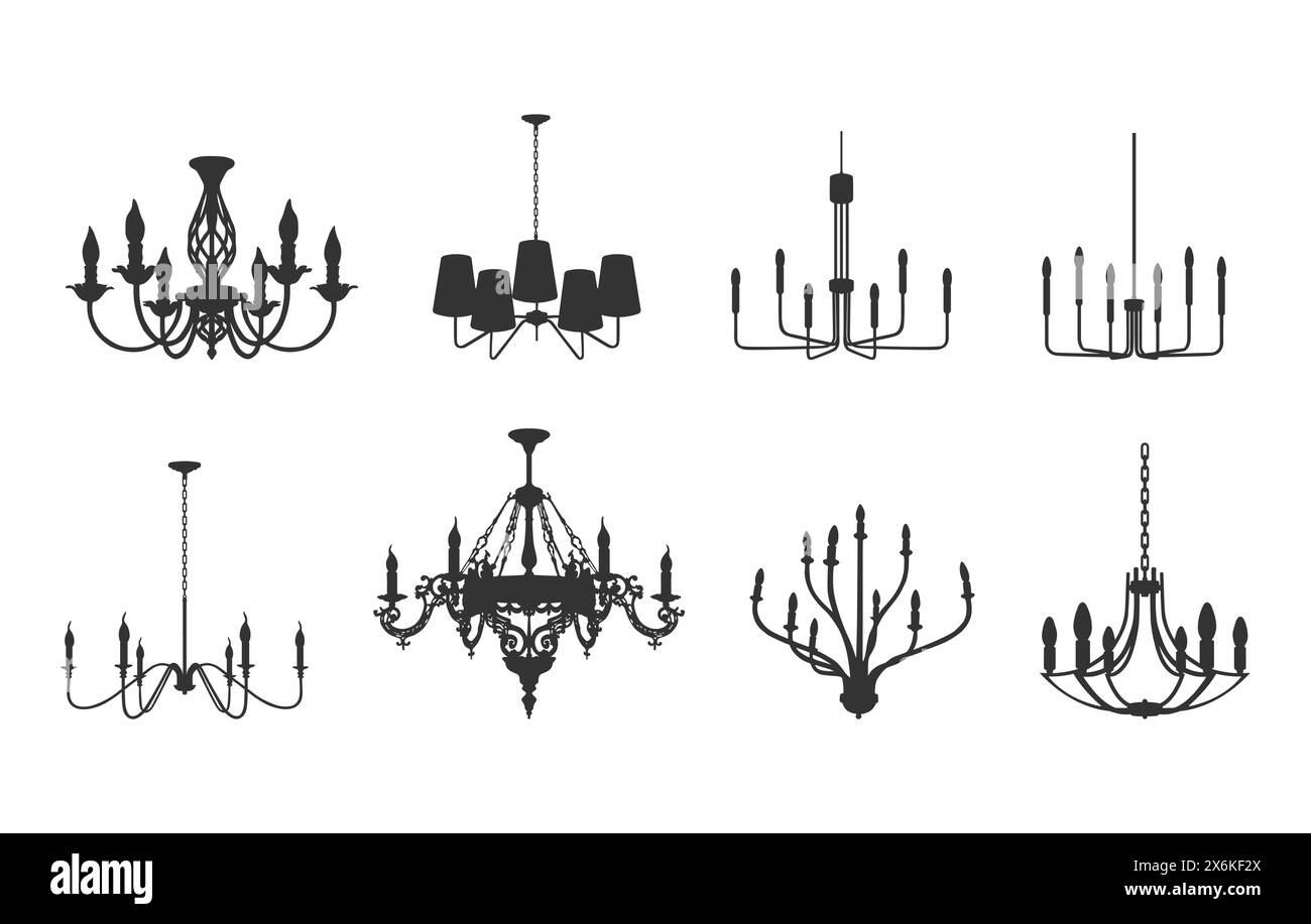 Silhouette de lustre, silhouette de lustre en cristal, lumière de décoration, lustre Vintage, silhouette de chandelier Illustration de Vecteur