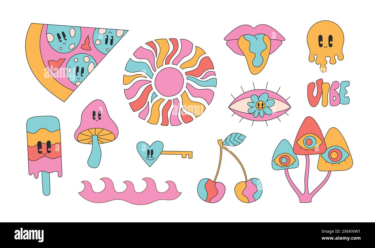 Autocollants hippie rétro de dessin animé. Joli champignon funky lumineux, soleil, illustrations vectorielles de pizza. Illustration de Vecteur