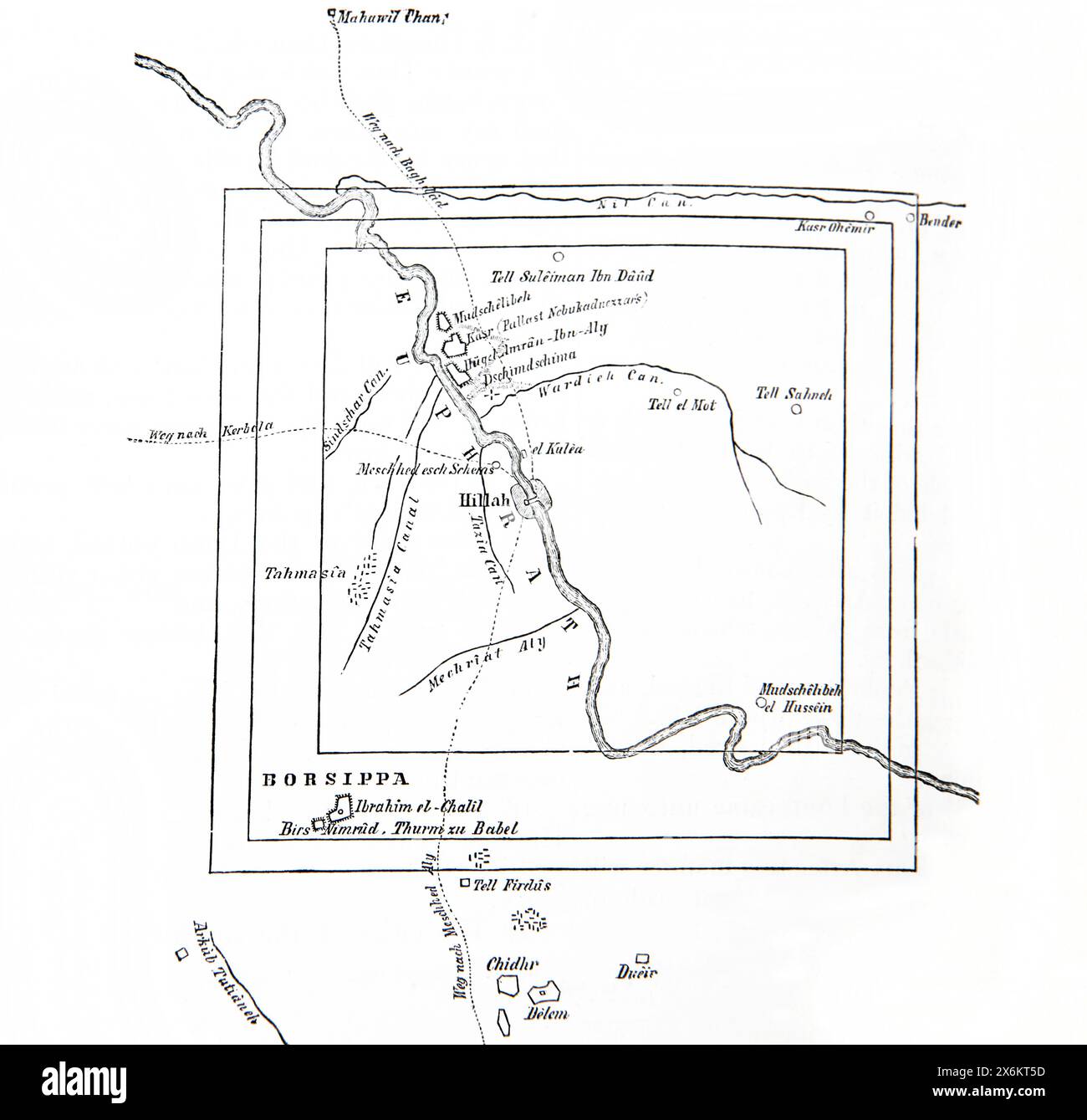 Gravure sur bois d'Une carte de l'Euphrate dans la Bible de la famille illustrée antique du XIXe siècle Banque D'Images