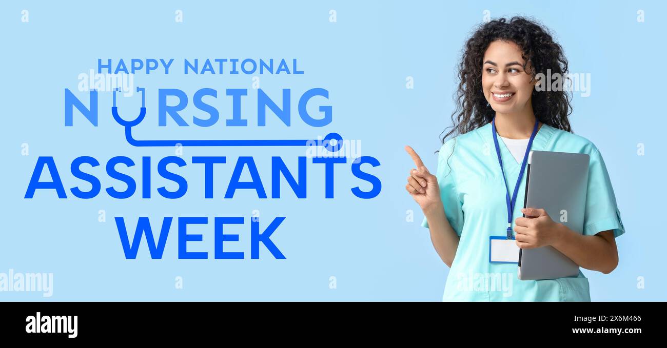 Bannière pour la semaine nationale heureuse des assistants infirmiers avec une infirmière afro-américaine Banque D'Images