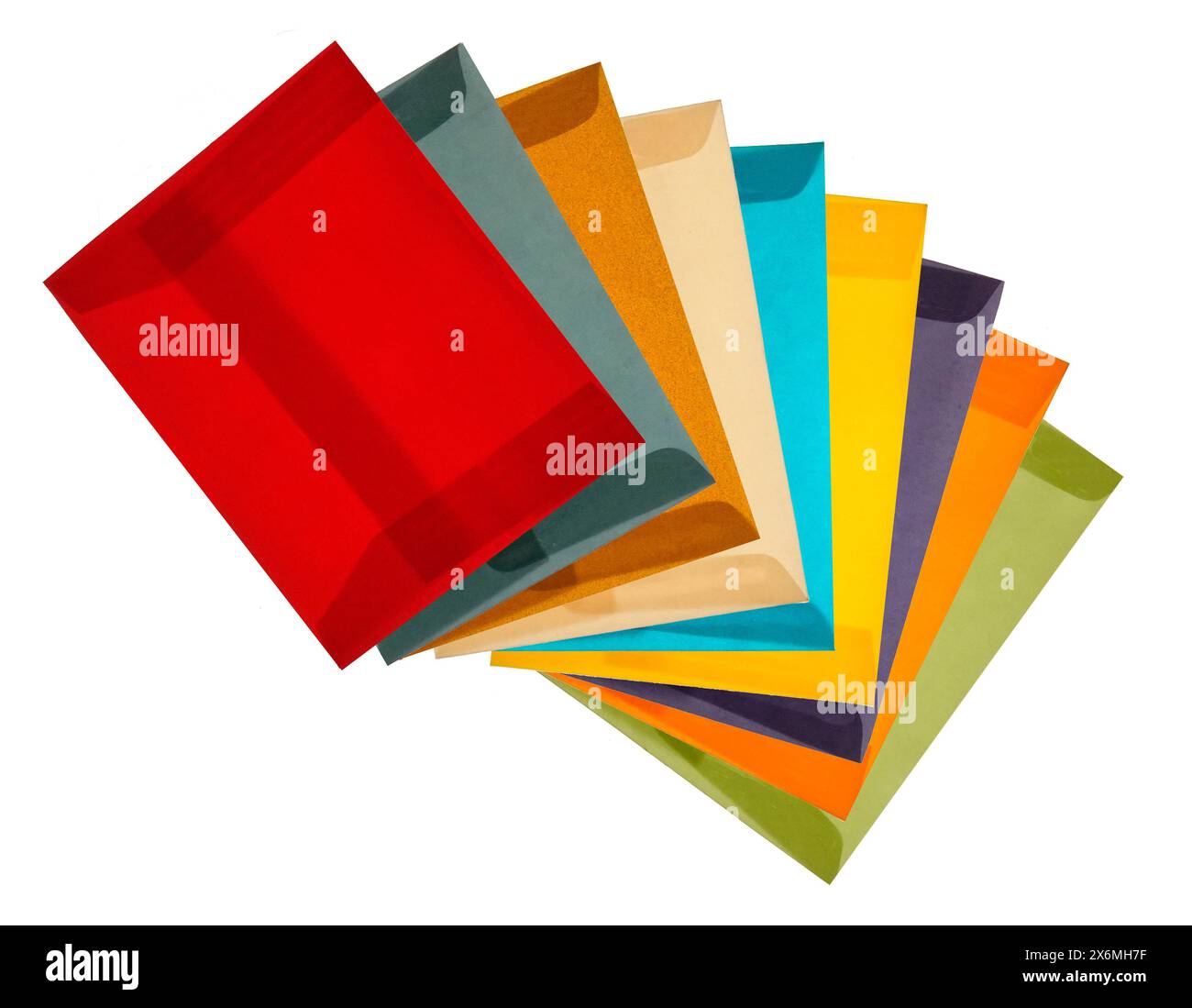 Un arrangement de nature morte d'enveloppes de vélin vibrantes de différentes couleurs comme le rouge, le bleu, le jaune, le vert et le violet soigneusement disposés sur un dos blanc propre Banque D'Images