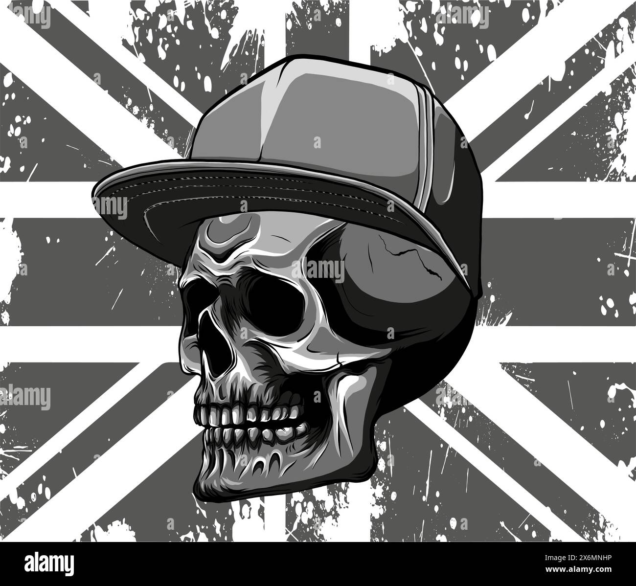 Illustration vectorielle de la silhouette du crâne en colère avec chapeau sur le drapeau britannique Illustration de Vecteur