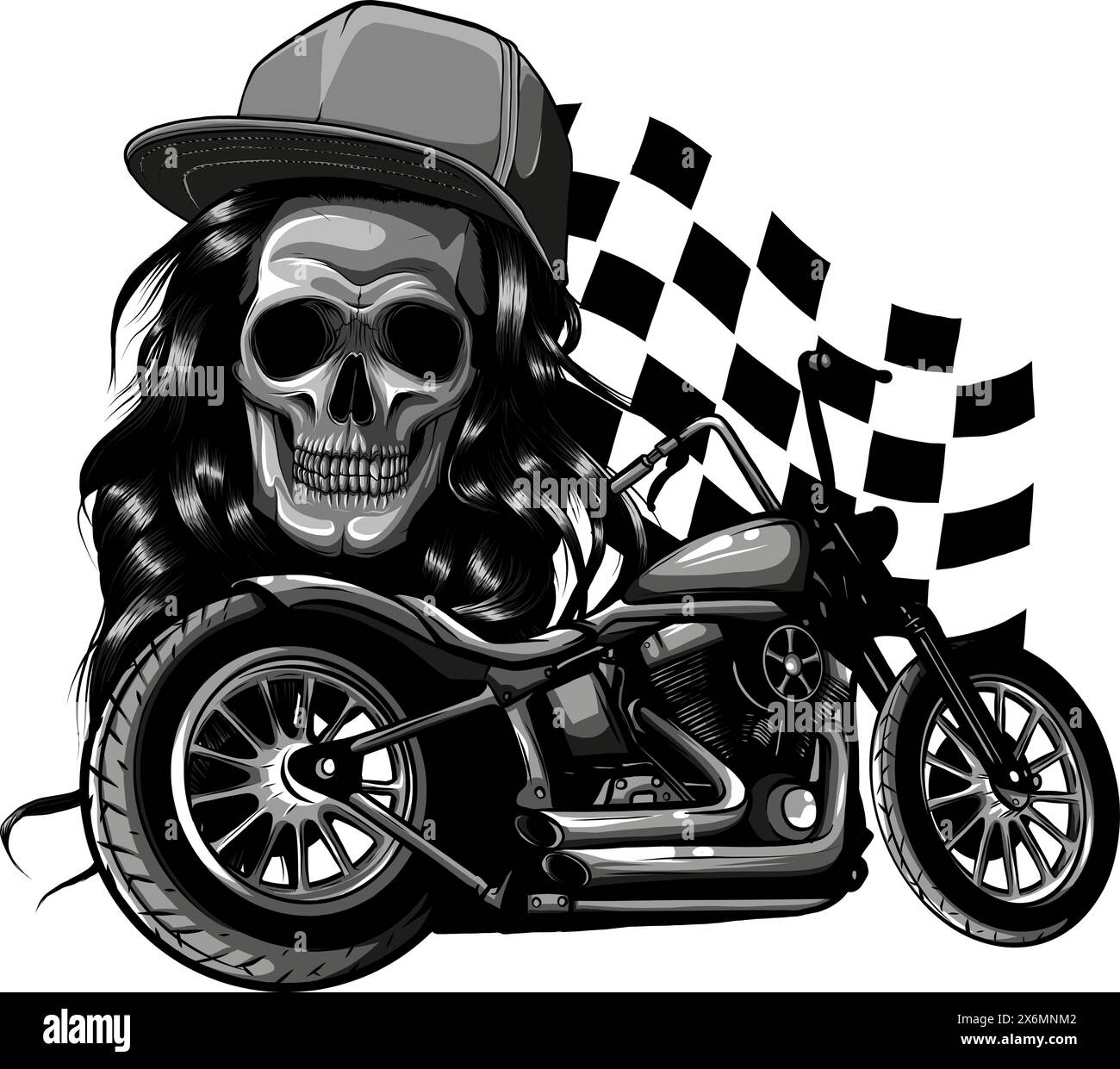 Illustration monochromatique vectorielle d'une moto personnalisée avec crâne femme et drapeau de course Illustration de Vecteur