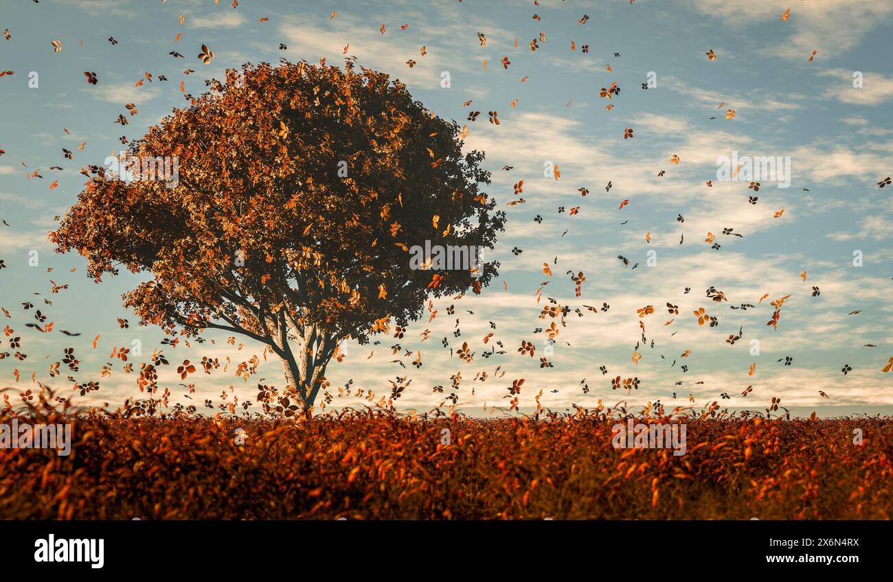 Beau paysage d'automne avec un oranger au soleil. Feuillage coloré sur une prairie. Fond naturel de feuilles tombantes - illustration 3D. Banque D'Images