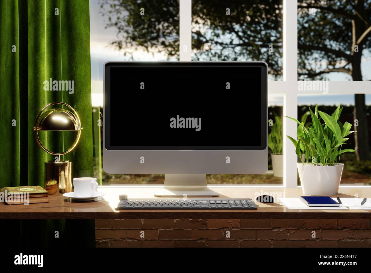 Concept de lieu de travail : maquette de bureau d'ordinateur à écran blanc avec clavier avec une vue hors de la fenêtre dans un jardin - illustration 3D. Banque D'Images