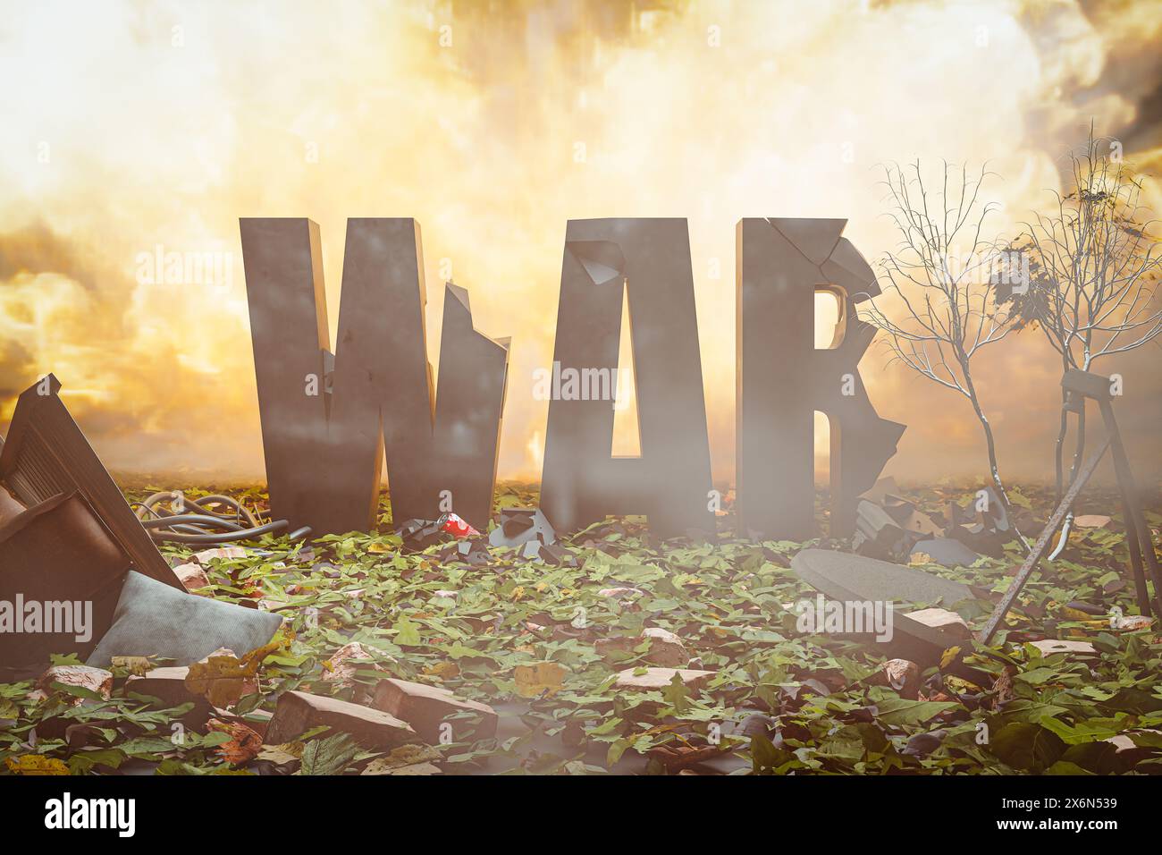La guerre de mots partiellement détruite dans un environnement détruit avant une conflagration massive à la suite d'une explosion - illustration 3D. Banque D'Images
