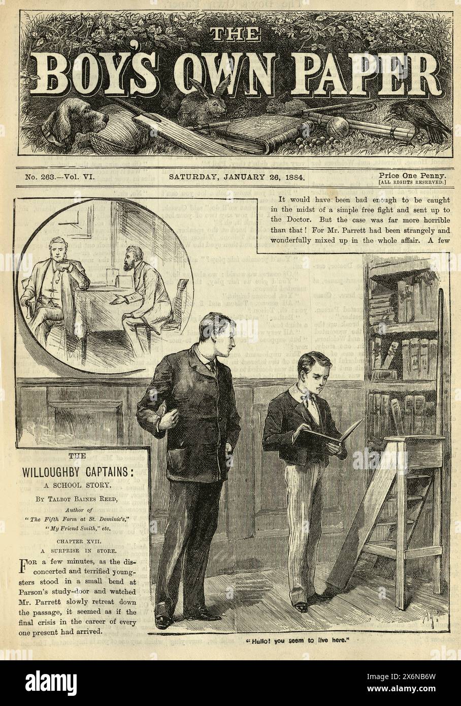 Illustration vintage, garçons de l'école publique victorienne, lecture de livres dans la bibliothèque de l'école, victorien, années 1880, 19ème siècle, Boy's Own Paper Banque D'Images