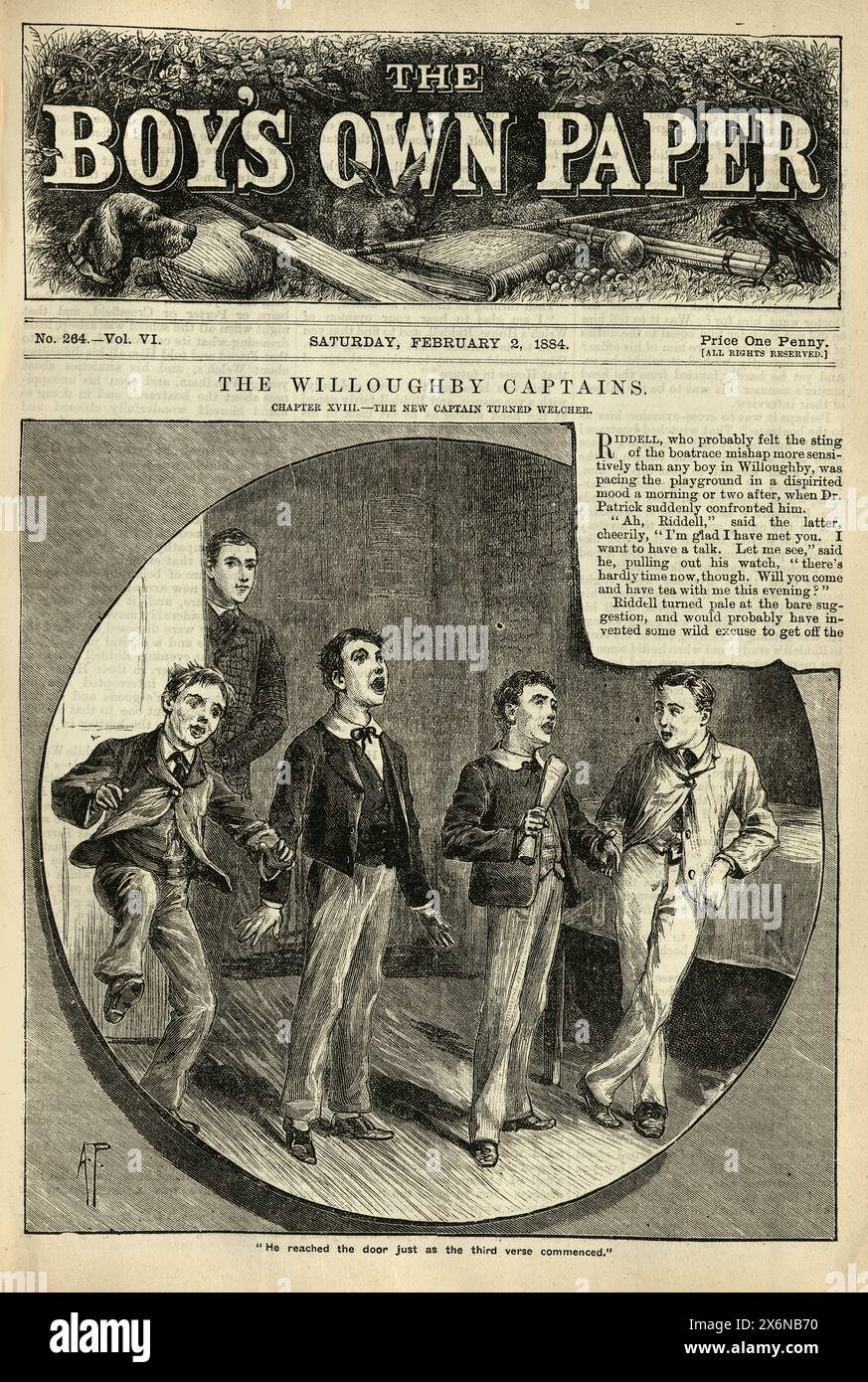 Illustration vintage, garçons de l'école publique victorienne, chanter des chansons et s'amuser, victorien, années 1880, 19ème siècle, Boy's Own Paper Banque D'Images