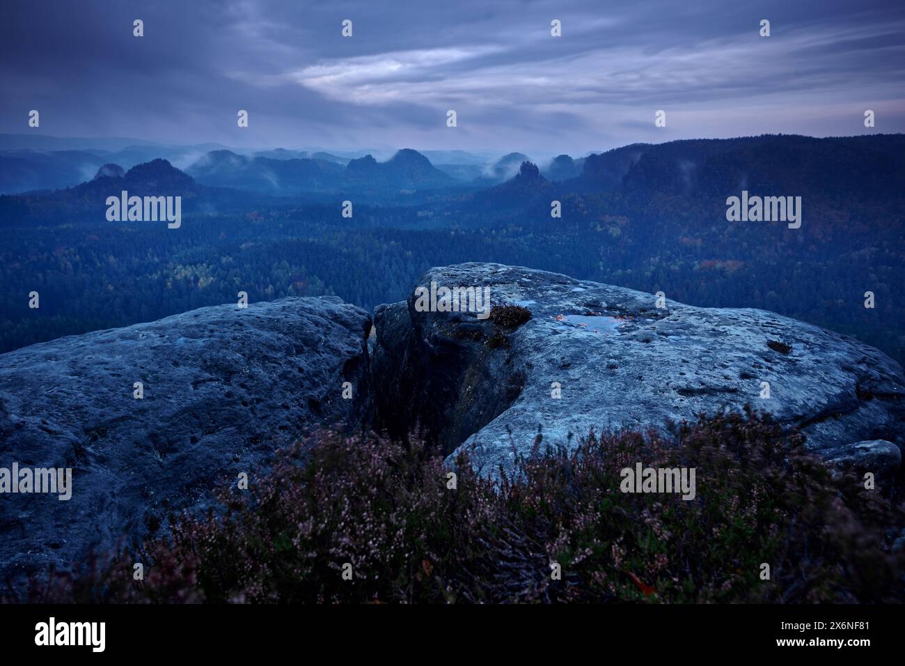 Paysage de l'Allemagne. Kleiner Winterberg, belle vue matinale sur la falaise de grès dans la vallée brumeuse profonde en Saxe Suisse, paysage Allemagne. FO Banque D'Images