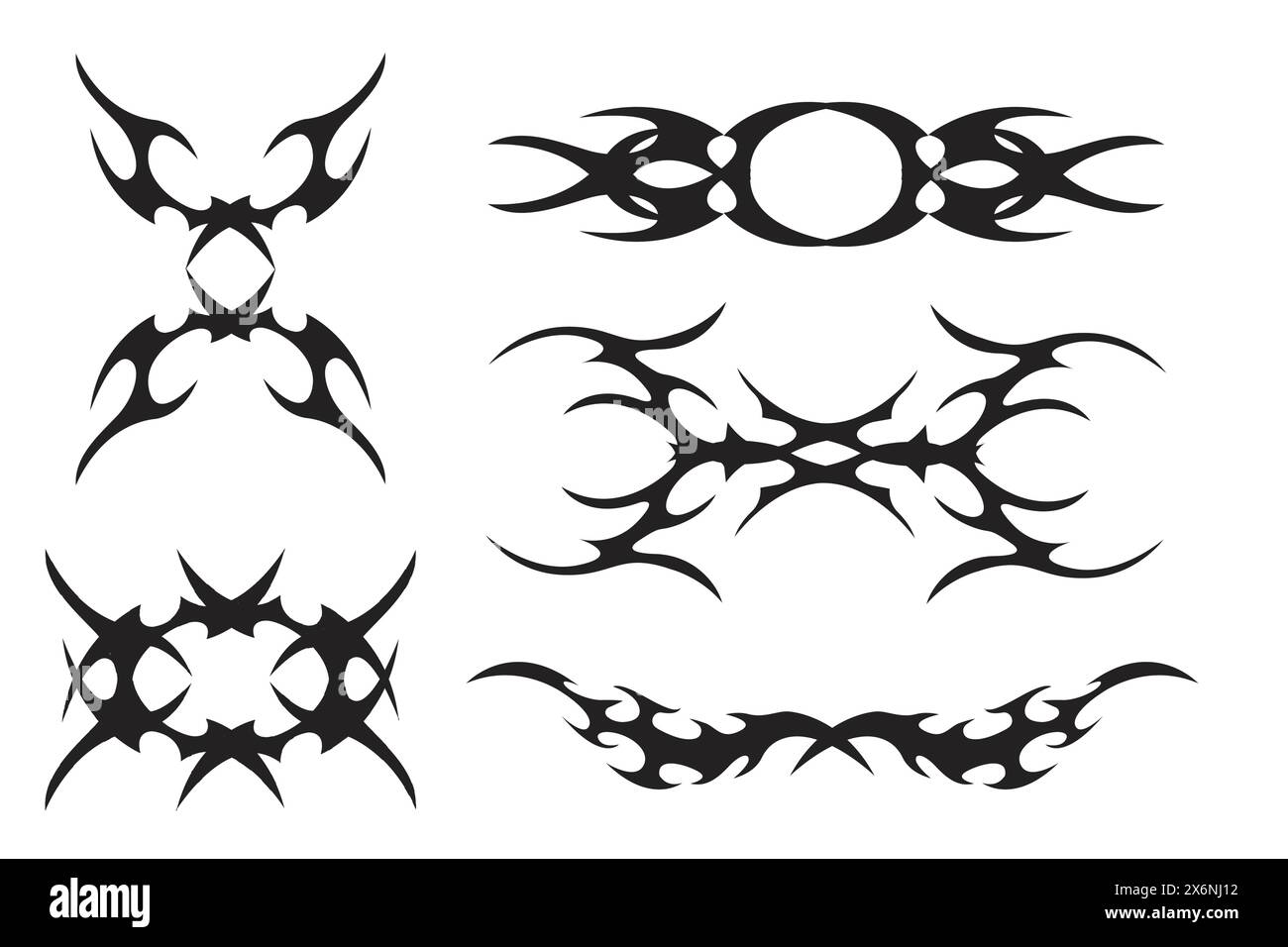 Set Neo tribal y2k esthétique tatouage couverture gothique, feu ou ailes silhouette abstraite isolé sur fond. Diviseur, bordure, ornement de corps cyber, décoration goth web néotribal. Illustration vectorielle Illustration de Vecteur