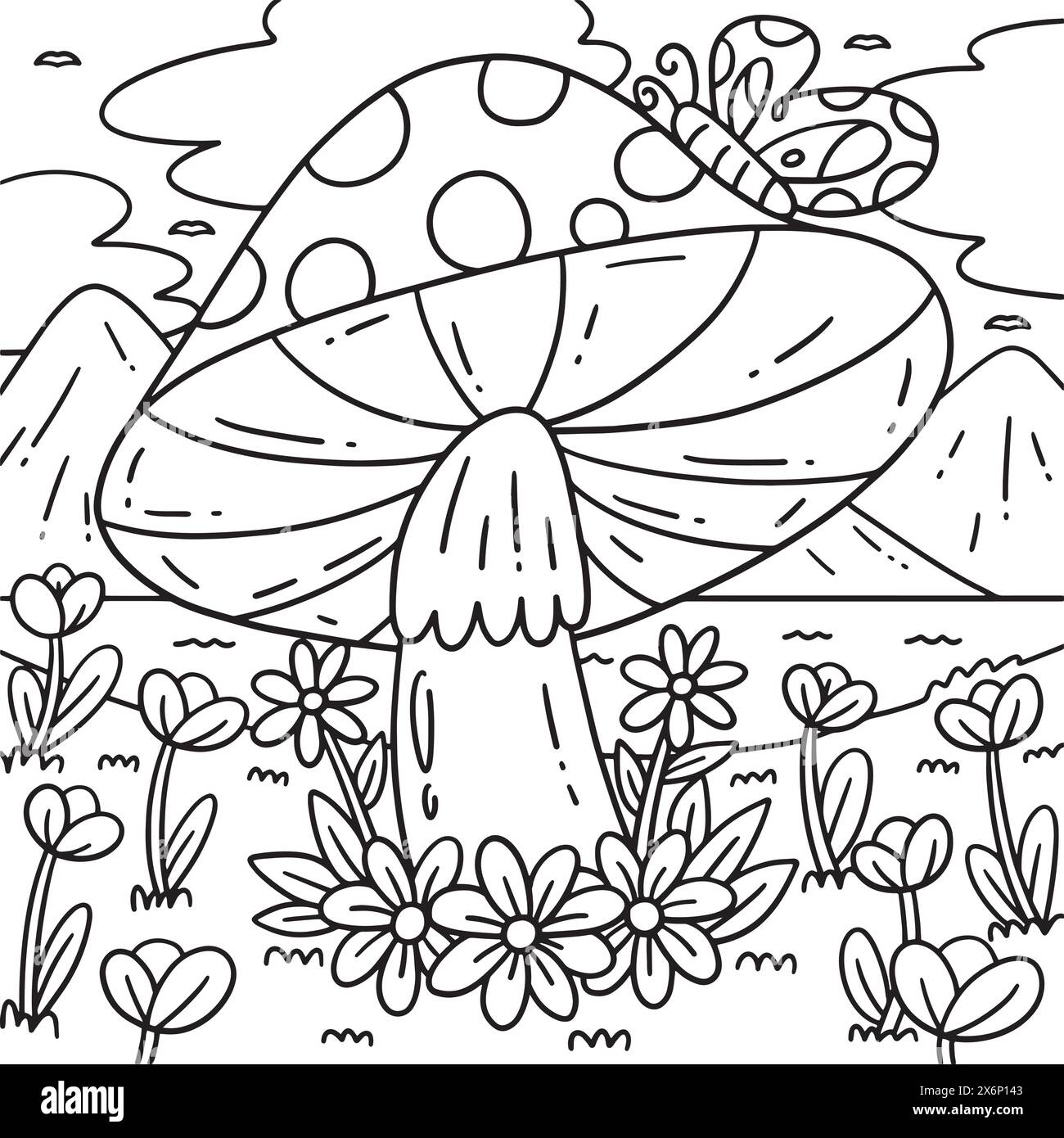 Champignon avec fleurs et papillon Coloriage page Illustration de Vecteur