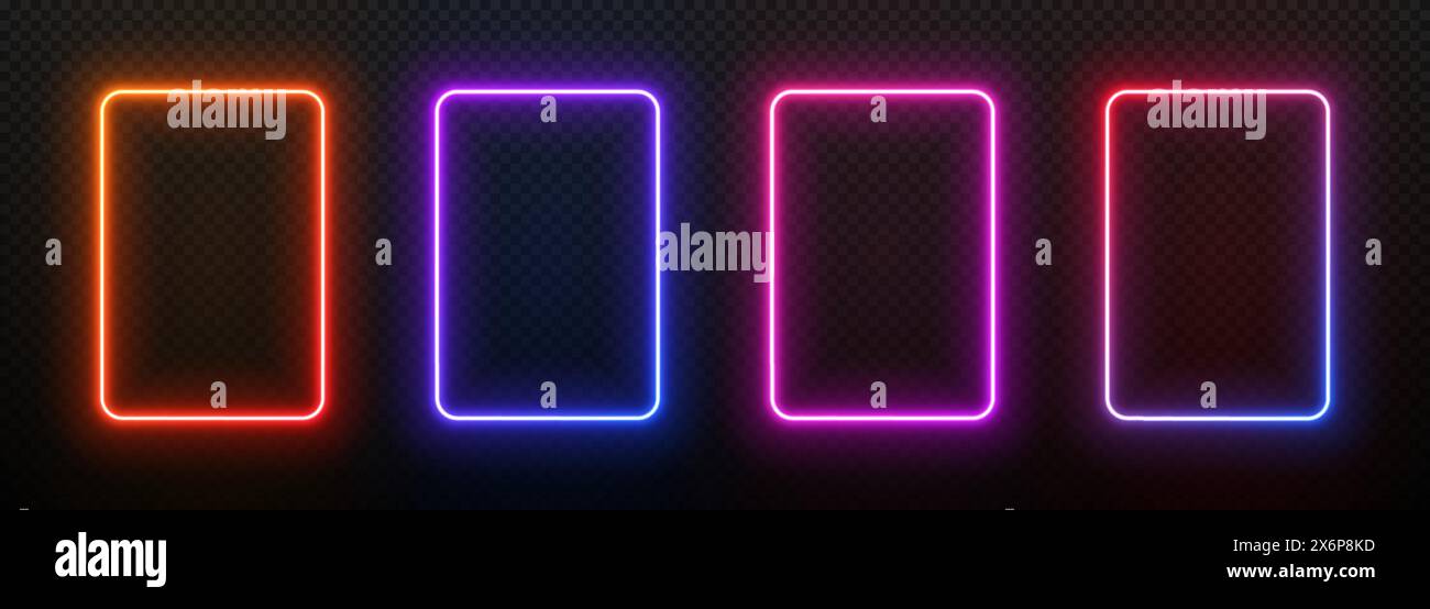 Rectangle de cadre de lampe au néon. Bordure LED allumée. Boîtier vertical laser. Portail électrique sur fond noir transparent. Modèle pour la conception avec texte. Illustration de Vecteur