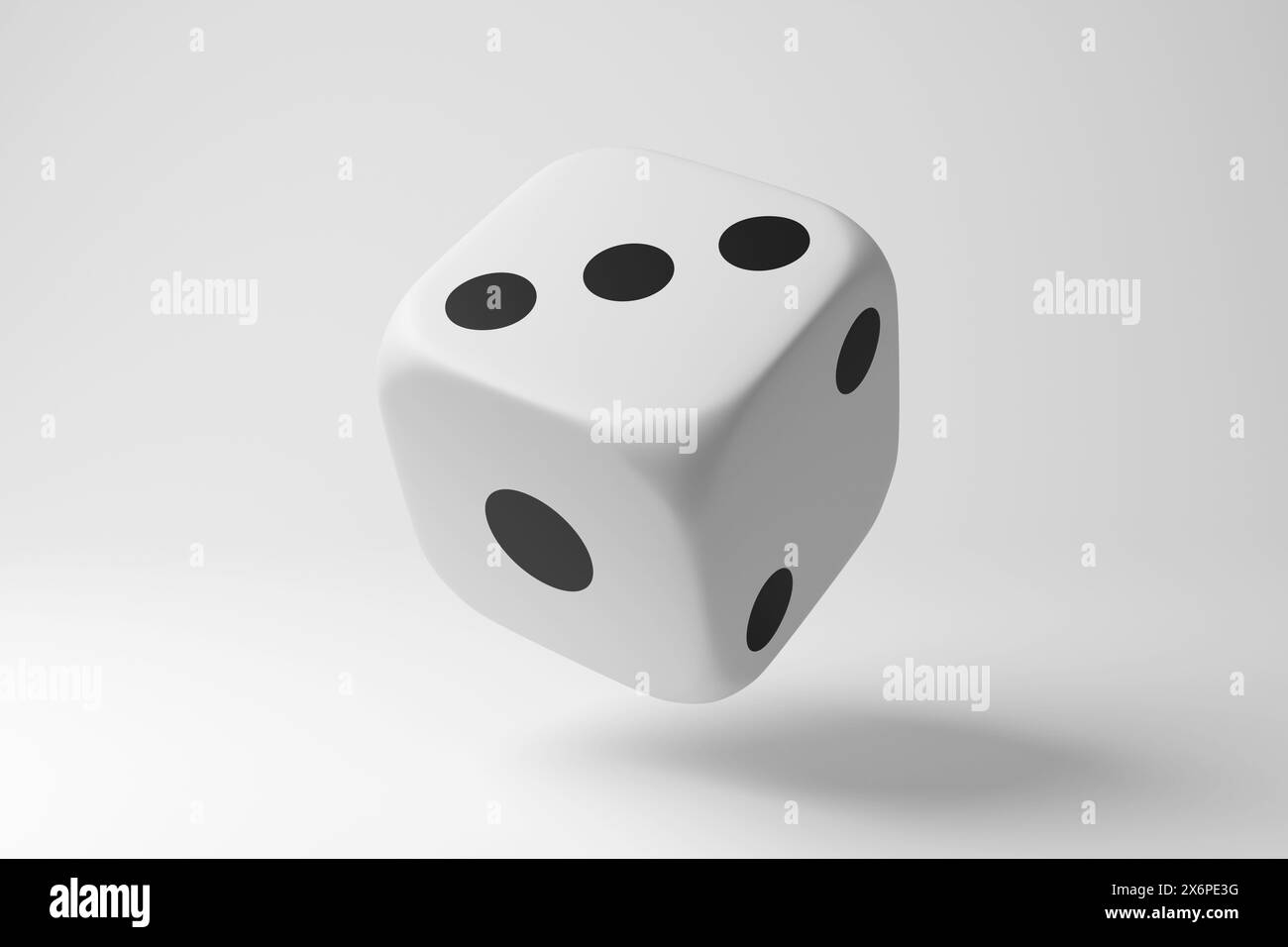 dés roulants à 6 côtés flottant sur fond blanc en monochrome et minimalisme. Jeux de bureau, jeux d'argent, probabilités mathématiques et statistiques Banque D'Images