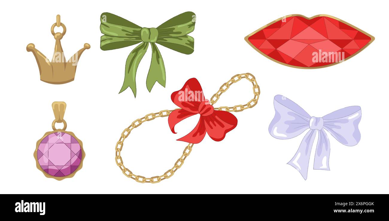 Illustration vectorielle de l'arc vintage girly et du ruban de cadre chaîne dorée et ensemble de bijoux. Rubans isolés. Accessoires tendance coquette filles. Illustration de Vecteur