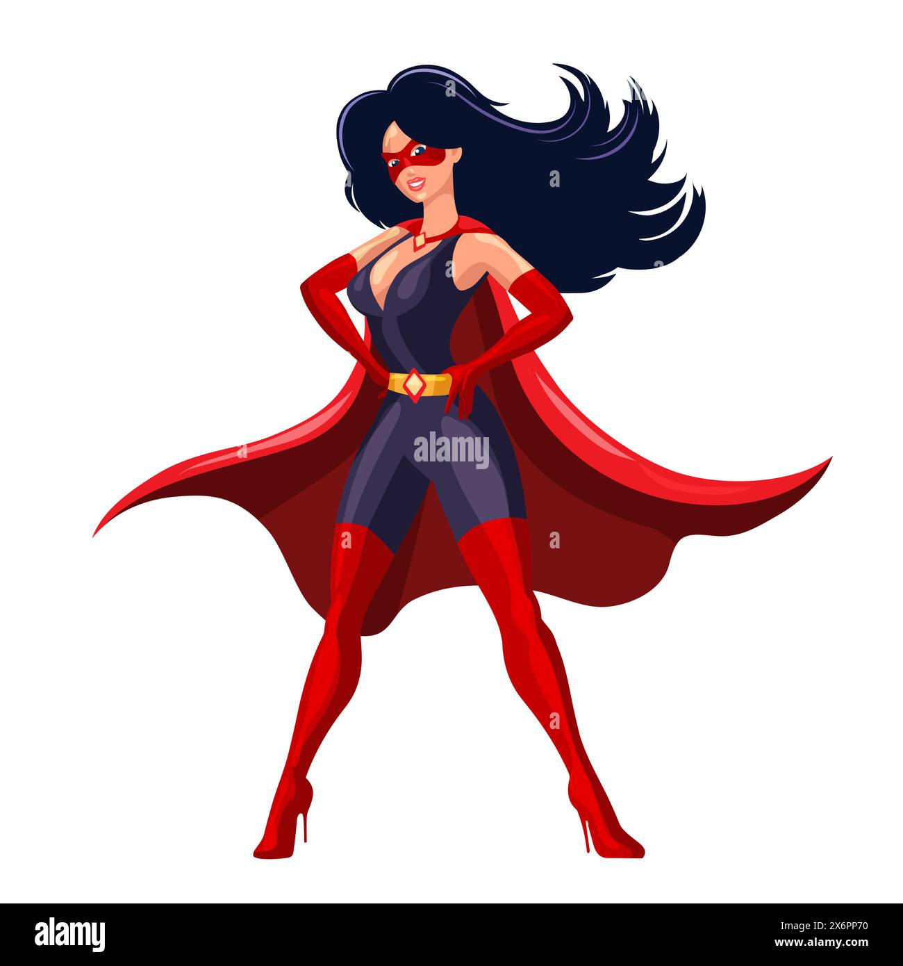 Dessin animé super-héros féminin dans une cape rouge et masque dans la pose courageuse dans isolé sur fond blanc. Illustration vectorielle. Aucun logiciel d'IA n'a été utilisé. Illustration de Vecteur