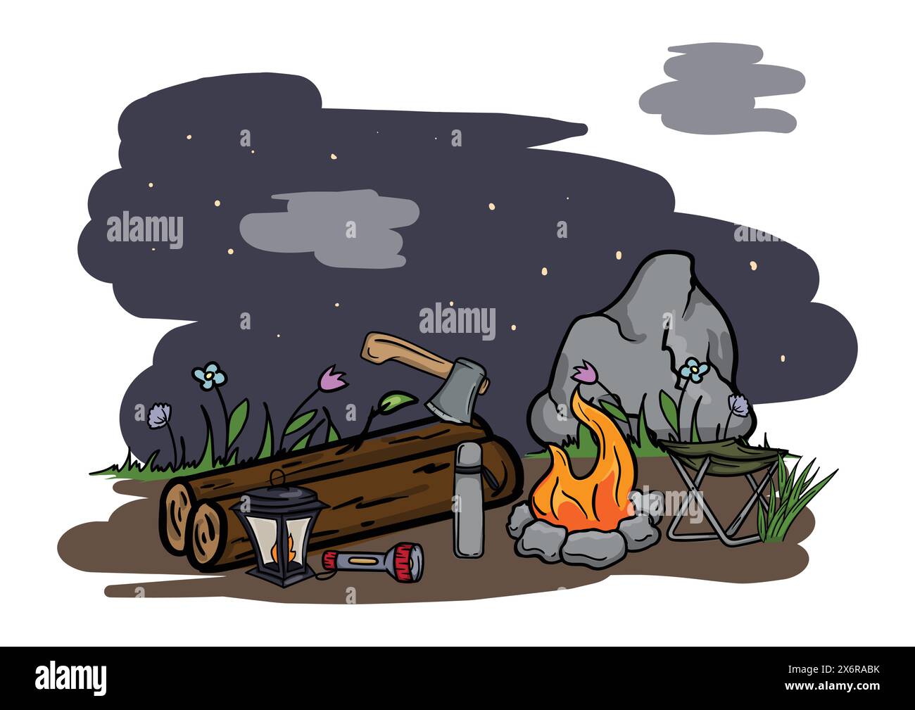 Randonnée et camping. Illustration vectorielle modifiable d'un paysage de nuit avec un feu de joie, des bûches et une hache Illustration de Vecteur