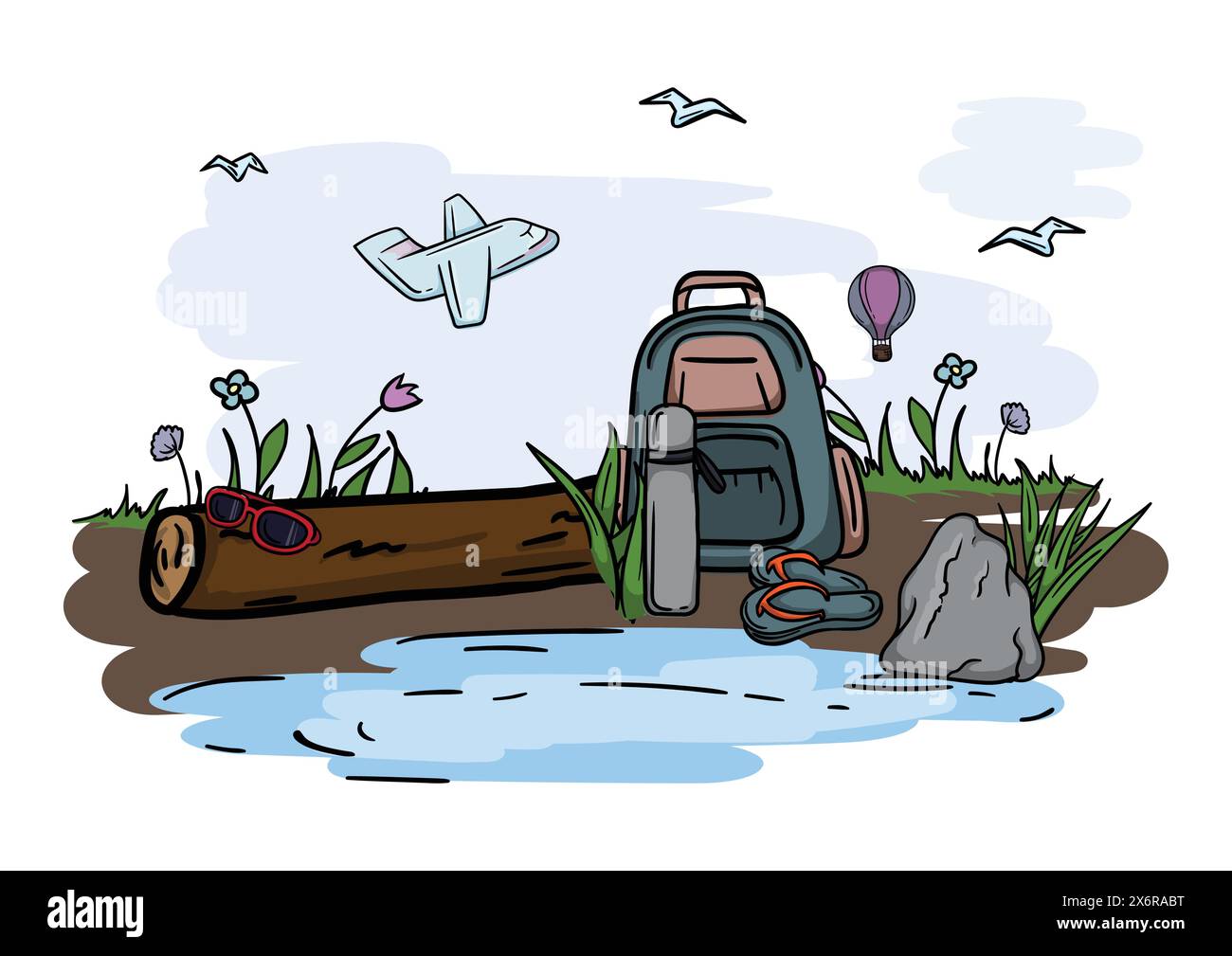 Randonnée et camping. Illustration éditable d'un paysage touristique avec une rivière, un sac à dos, un thermos et un avion Illustration de Vecteur