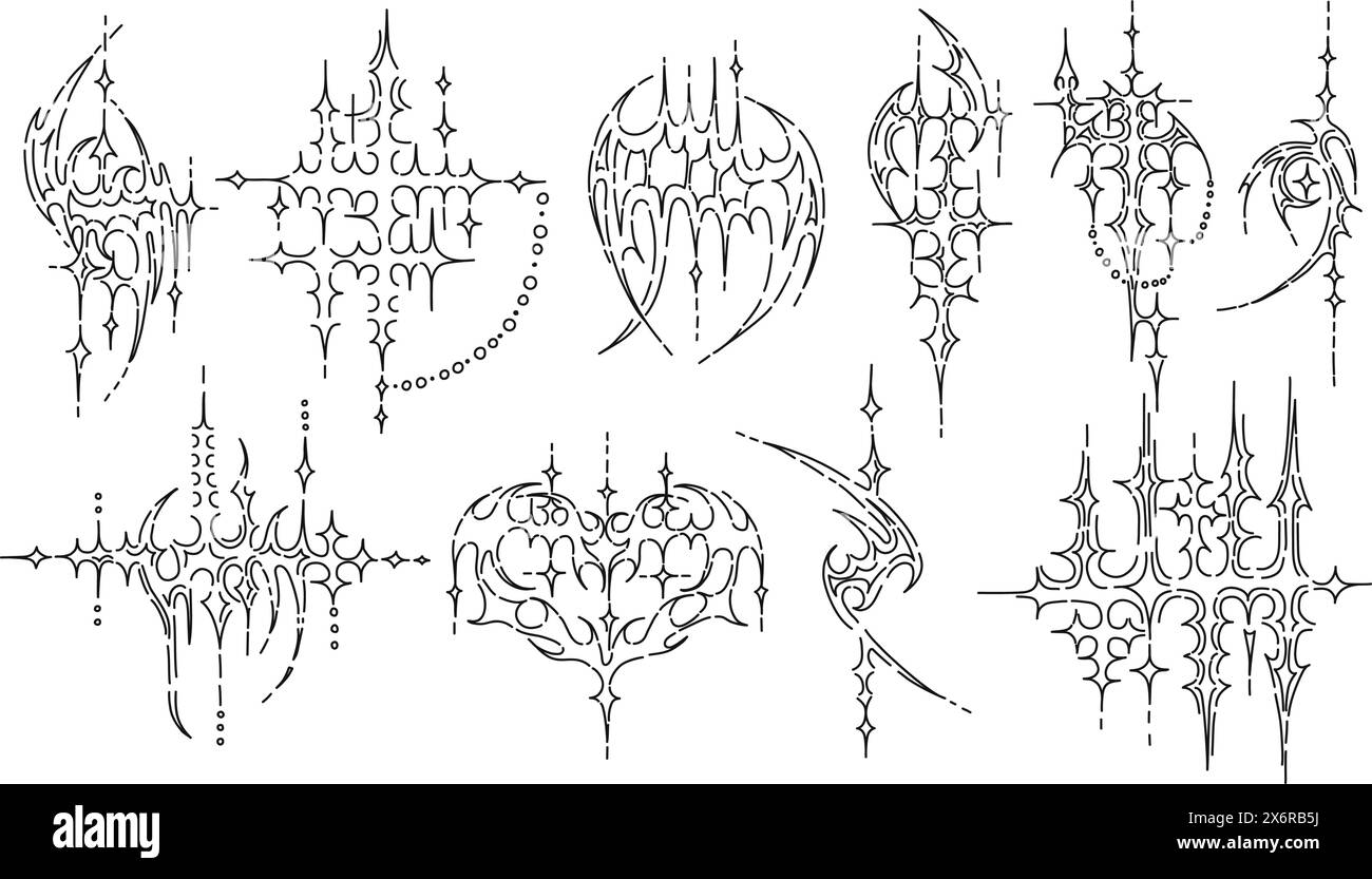 Formes de style tatouage tribal néo. Pointes et étincelles de cyber sigilisme pour les conceptions d'impression streetwear, ensemble vectoriel esthétique Spiky y2k Illustration de Vecteur