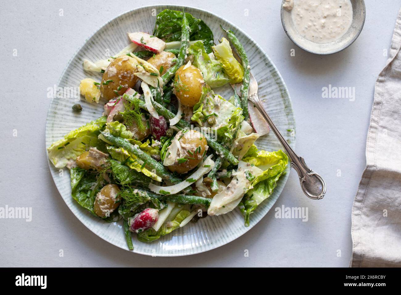 Salade végétalienne avec pommes de terre, laitue, haricots verts et radis Banque D'Images