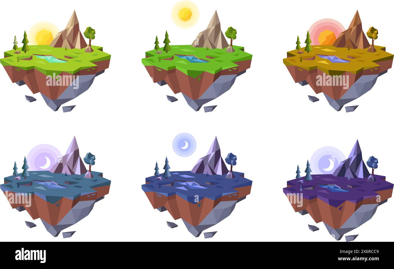 Paysage de jour poly bas. Ensemble d'illustrations vectorielles d'environnements insulaires flottants de progression matin, jour, soir et nuit Illustration de Vecteur