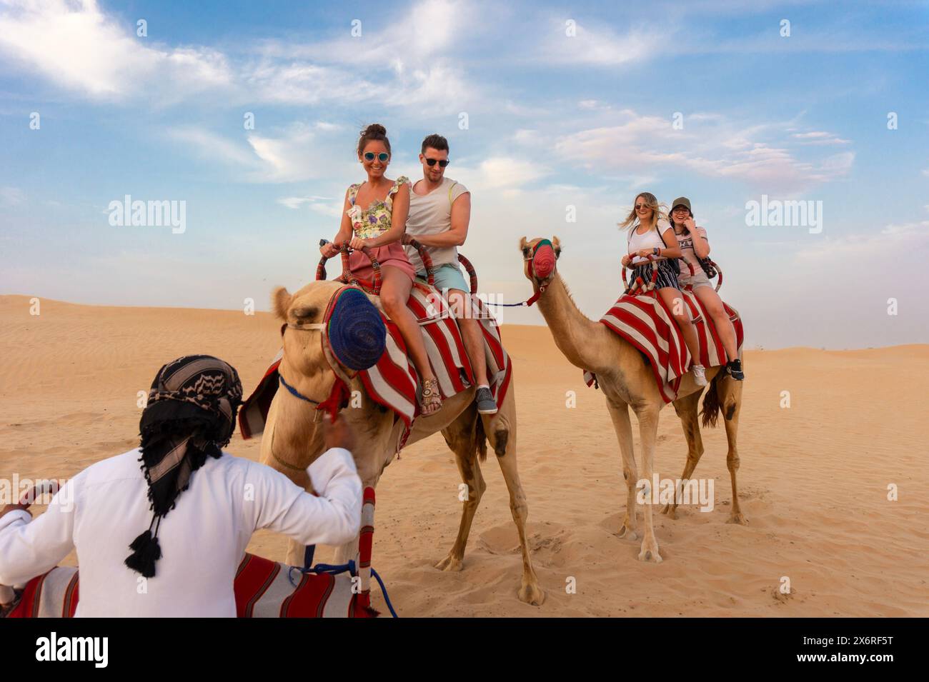 Dubaï, eau - 10.31.2018 : promenades à dos de chameau dans le désert avec deux chameaux décorés et des touristes Banque D'Images