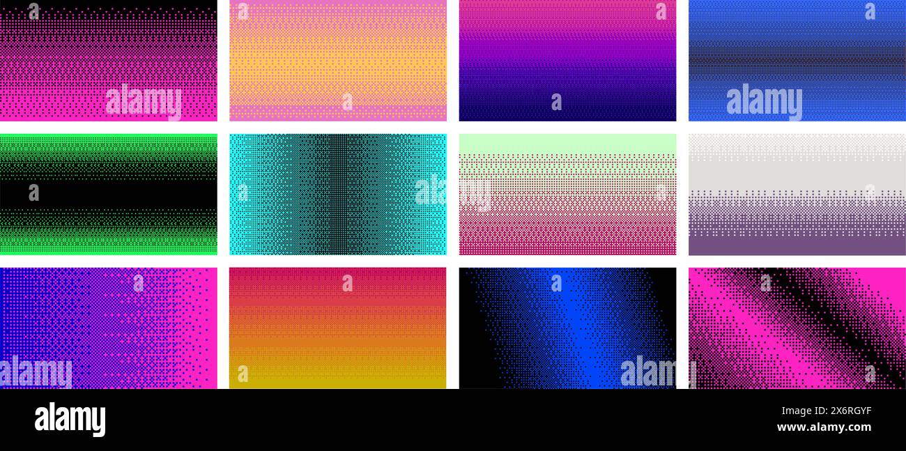 Tramage des arrière-plans de motif pixel art. Dégradés bitmap rétro, transitions de couleurs pixélisées et jeu de vecteurs de fonds numériques Illustration de Vecteur