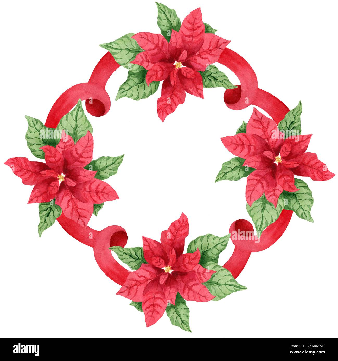Composition carrée avec des rubans rouges et poinsettia, élément de Noël aquarelle. Illustration aquarelle peinte à la main pour les invitations du nouvel an, postc Banque D'Images Composition carrée avec des rubans rouges et poinsettia, élément de Noël aquarelle. Illustration aquarelle peinte à la main pour les invitations du nouvel an, postc Banque D'Images