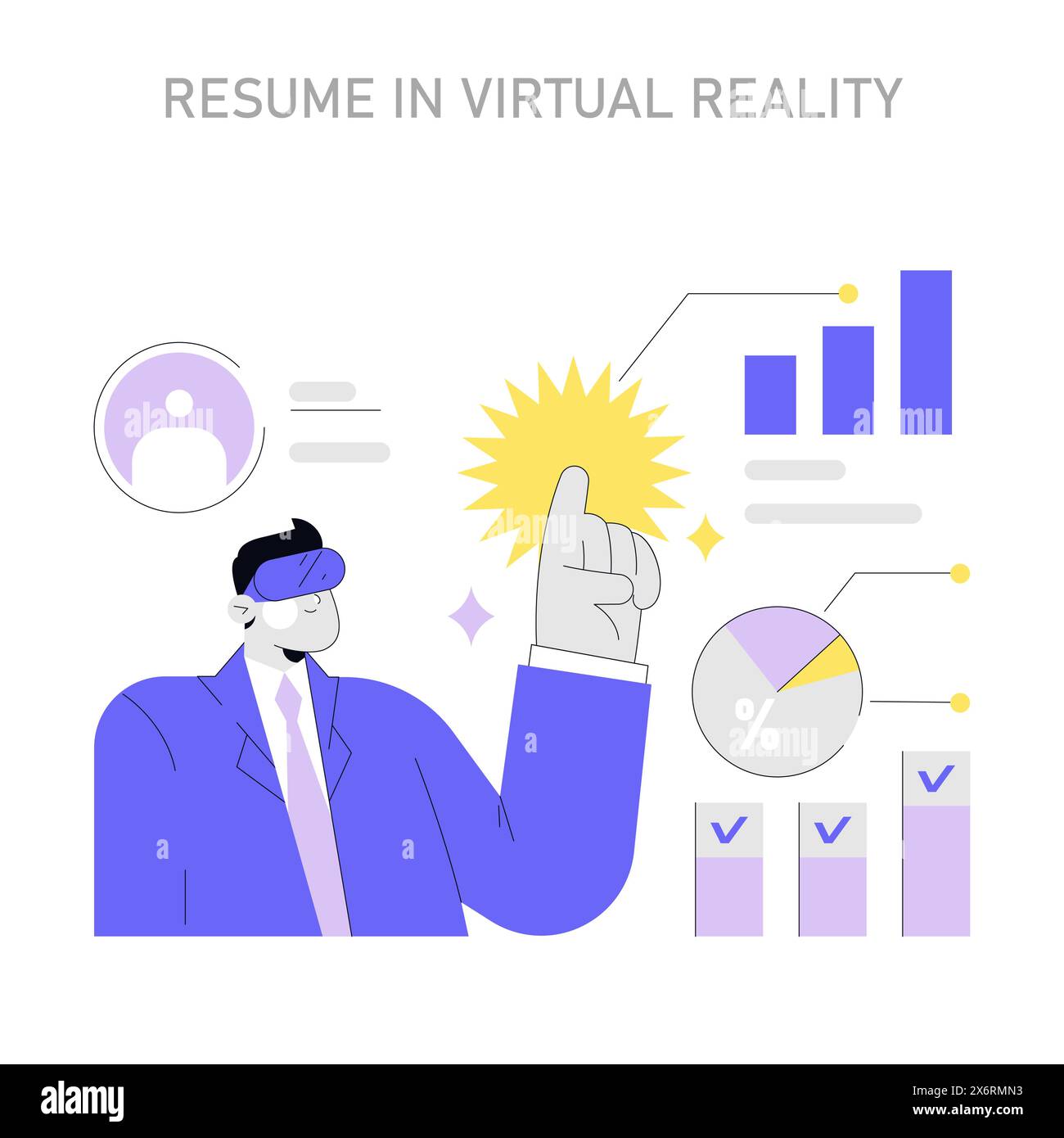 Concept de reprise de réalité virtuelle. Une figure s’engage avec des graphiques de CV interactifs dans un espace numérique, suggérant des méthodes innovantes de candidature à un emploi. Illustration vectorielle. Illustration de Vecteur