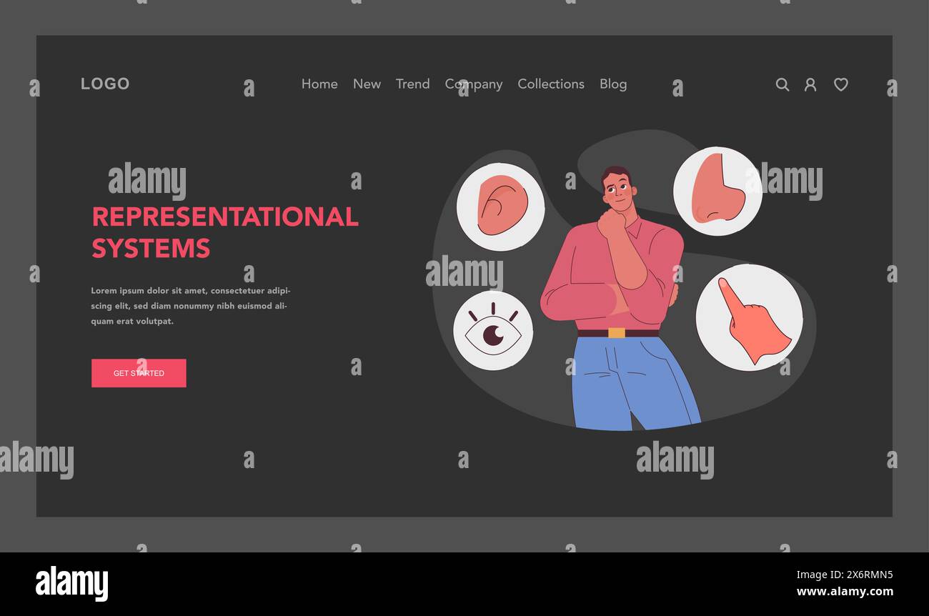 Systèmes de représentation dans le concept de PNL. Styles d'apprentissage visuel, auditif, kinesthésique. Traitement cognitif et perception sensorielle. Améliorer les compétences en communication. Illustration vectorielle plate Illustration de Vecteur