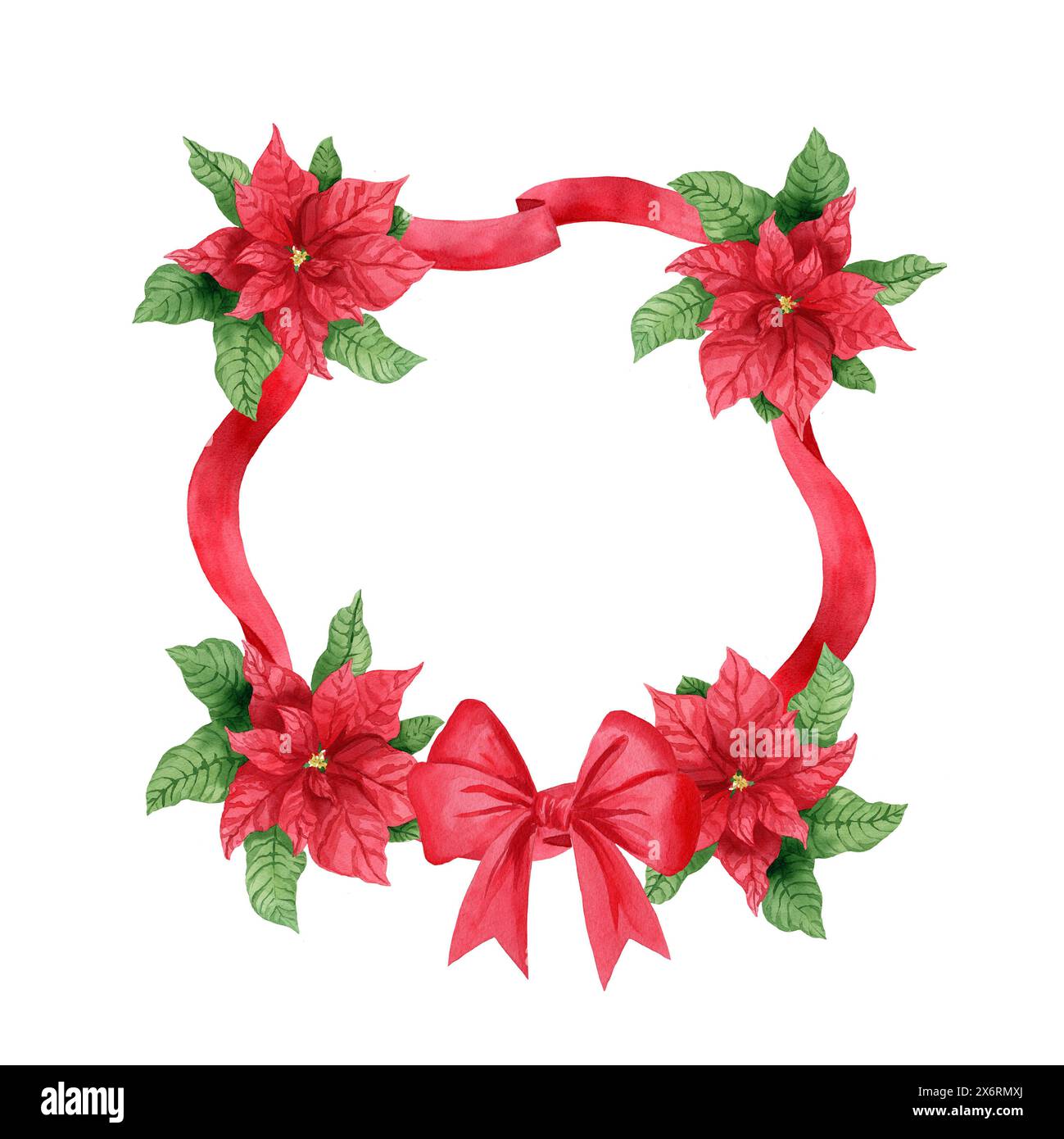 Composition carrée avec des rubans rouges, arc et poinsettia, élément de Noël aquarelle. Illustration aquarelle peinte à la main pour les invitations du nouvel an, Banque D'Images Composition carrée avec des rubans rouges, arc et poinsettia, élément de Noël aquarelle. Illustration aquarelle peinte à la main pour les invitations du nouvel an, Banque D'Images