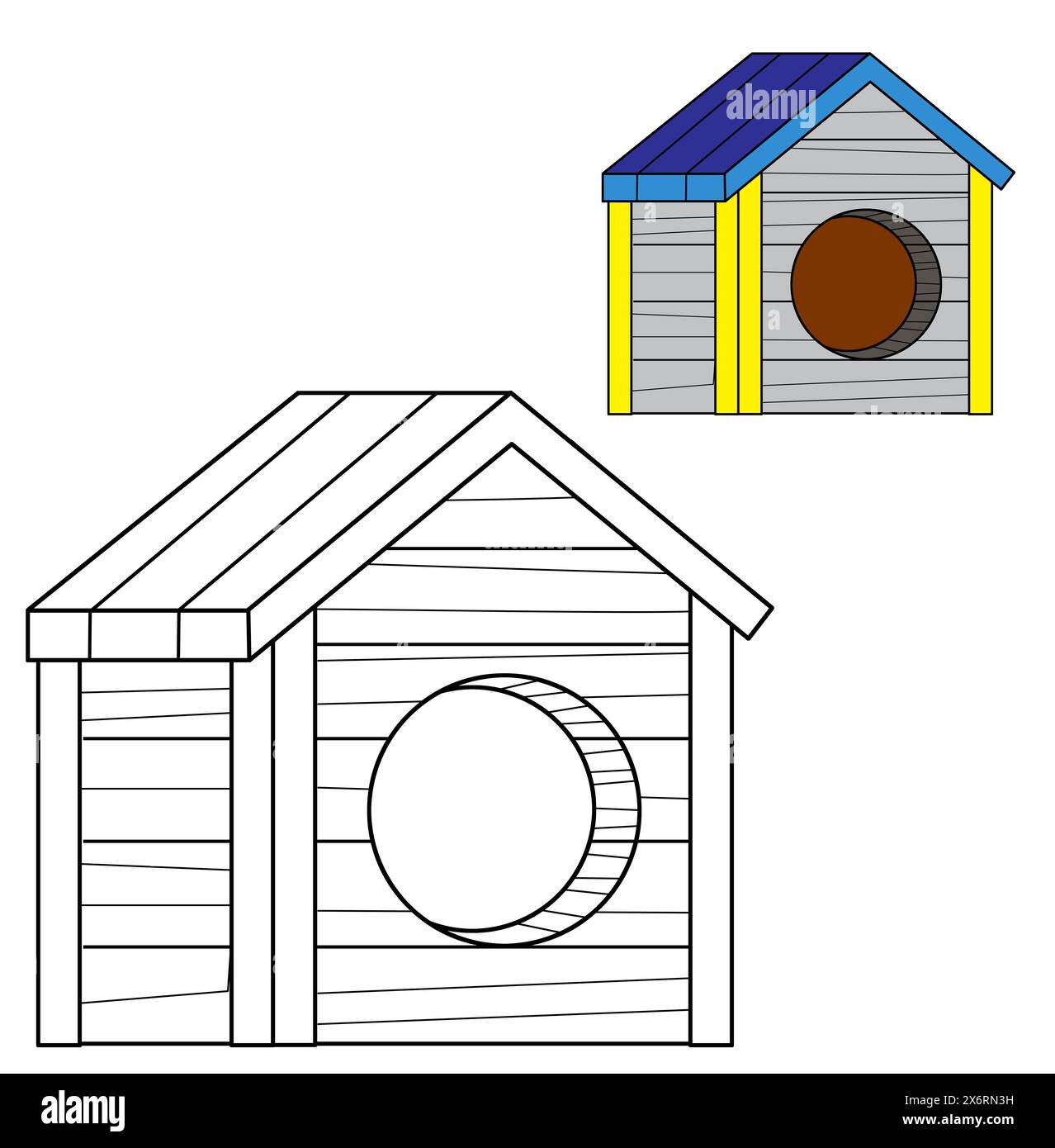 scène de dessin animé avec canin de dessin de page de coloriage traditionnel en bois isolé de maison de chien pour arrière-cour illustration de fond isolée pour les enfants Banque D'Images