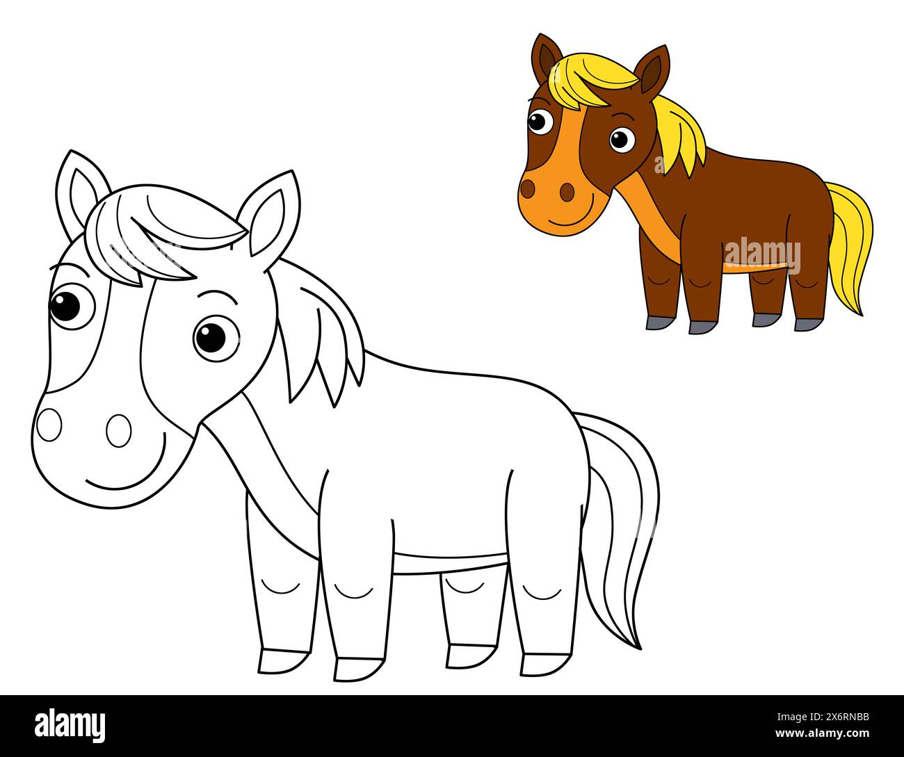 scène de dessin animé avec la page de coloration de cheval de poney d'étalon animal de ranch de ferme dessin de fond isolé avec illustration d'aperçu coloré pour le k. Banque D'Images