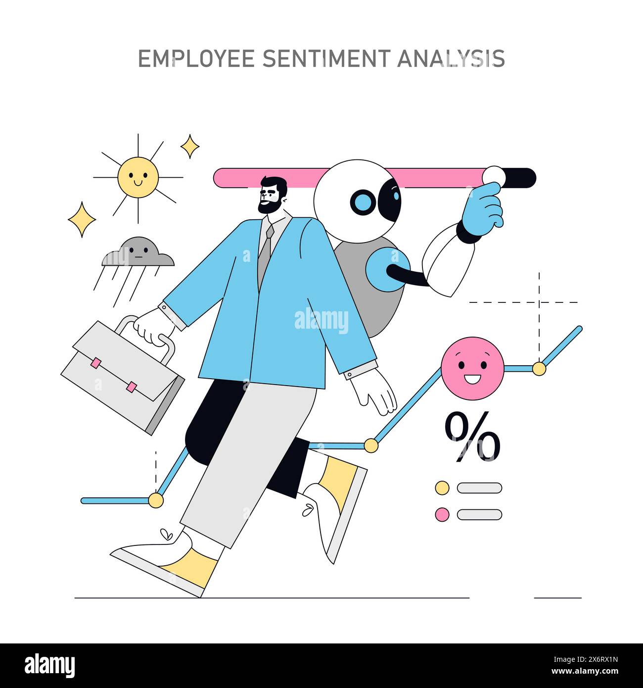 IA dans le concept des ressources humaines. Robot analysant la satisfaction des employés avec des symboles émotionnels positifs et négatifs. Efficacité du lieu de travail moderne. Illustration vectorielle. Illustration de Vecteur